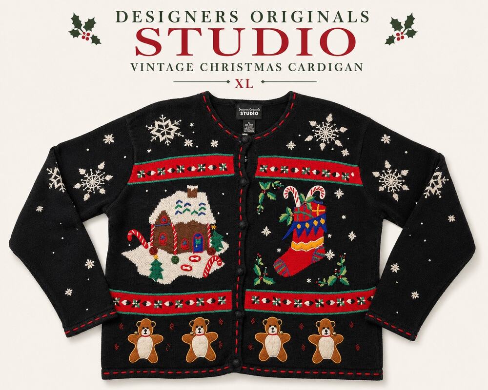 Vintage Designers Originals Studio Christmas Cardigan XL Ramie Gingerbread